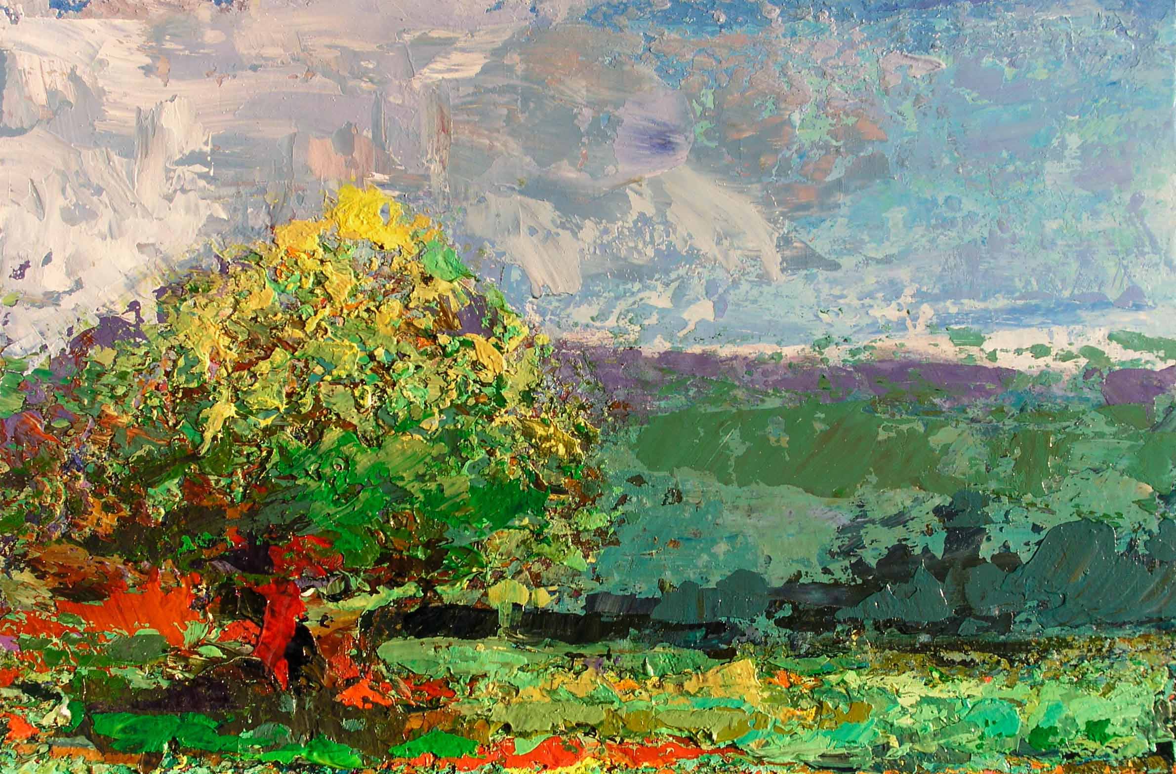 Nr. 2005-t22, Landschaft mit Baum, 2005, Acryl auf Holztafel, 70 x 105 cm