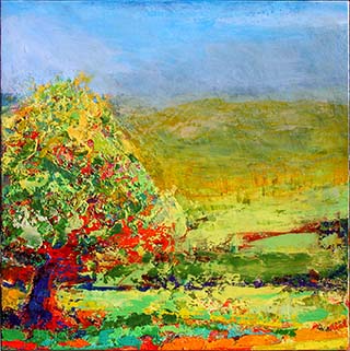 Nr. 2006-t02, Landschaft mit Baum, 2006, Acryl auf Holztafel, 86 x 86 cm